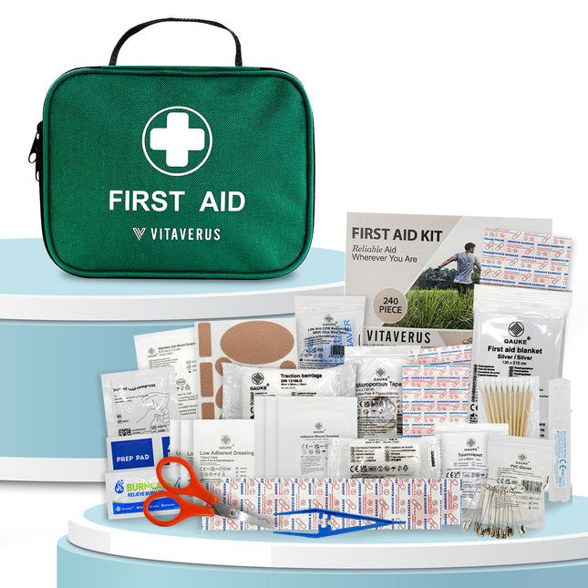 Vitaverus first aid kit with various supplies on a white background