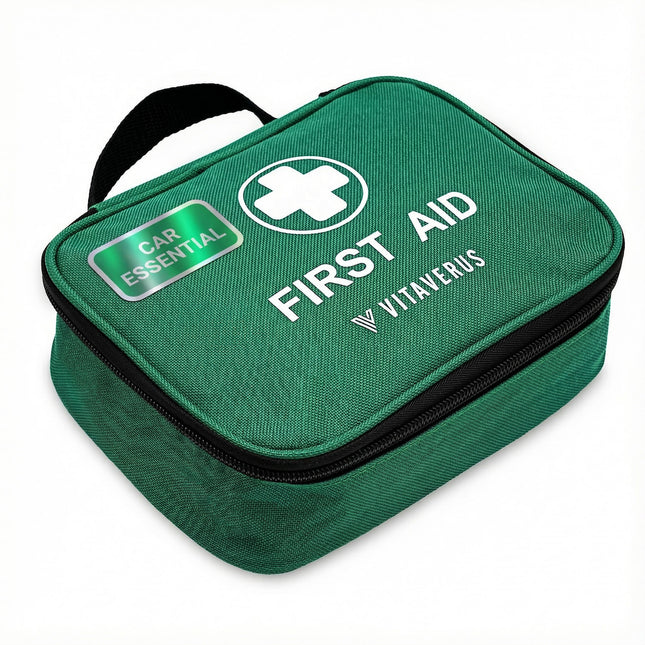Green first aid kit with 'Vitaerus' branding on a white background