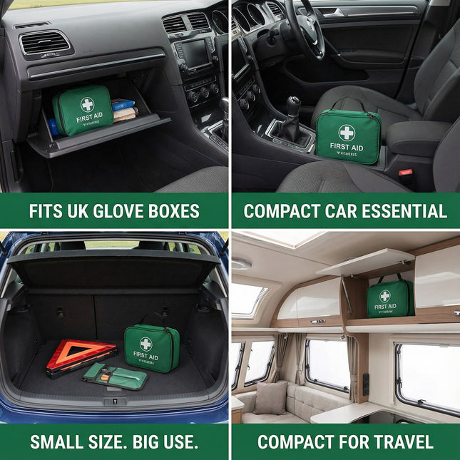 Green first aid kit in various car compartments with text highlighting its features.