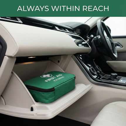Green first aid kit inside a car with 'Always Within Reach' text above.