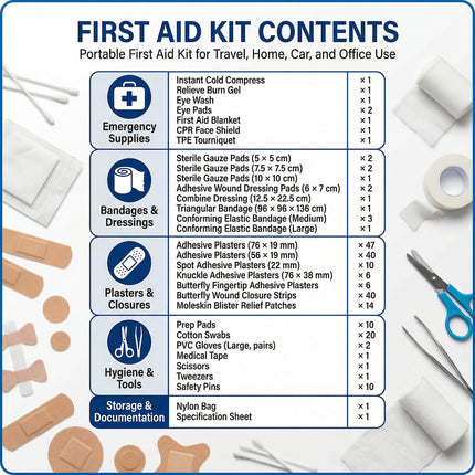 First aid kit contents list with various medical supplies on a white background