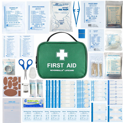 First aid kit with various components on a white background