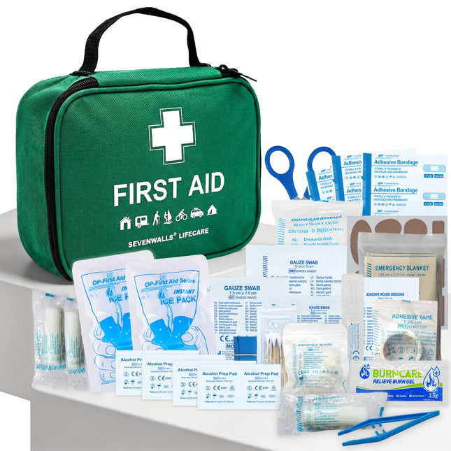 Sevenwalls Lifecare first aid kit with various components on a white background