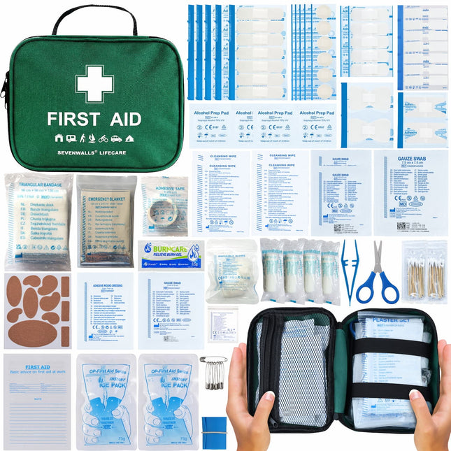 First aid kit with various components on a white background