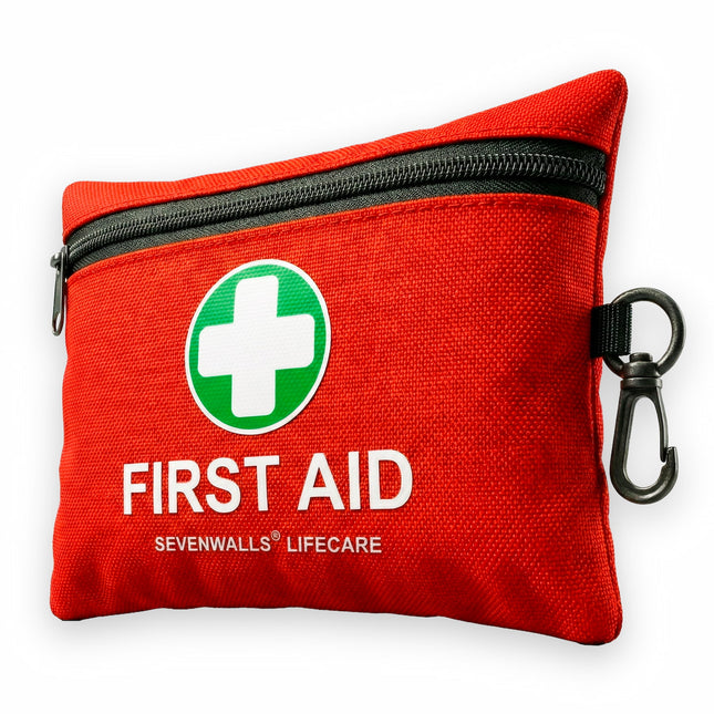 Red first aid kit with a green cross and 'First Aid' text on a white background