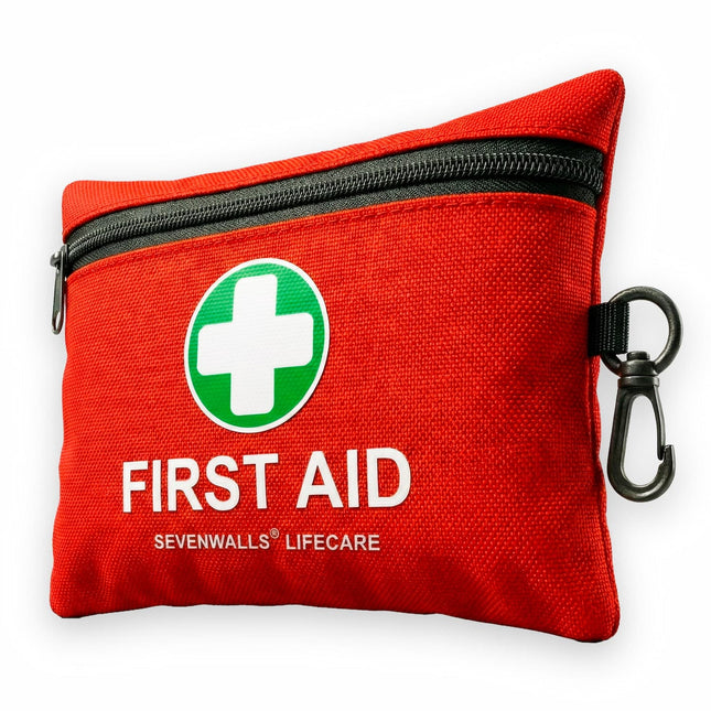 Red first aid kit with a green cross and 'First Aid' text on a white background