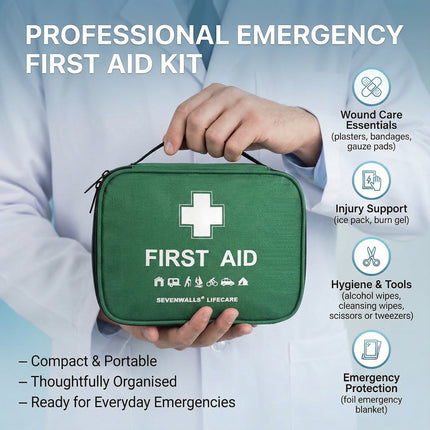 Green first aid kit held by a person with text detailing its contents and features.