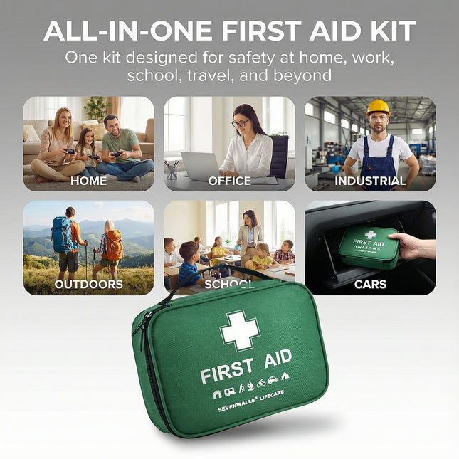 All-in-one first aid kit with scenarios for home, office, industrial, outdoors, school, and cars on a gray background.