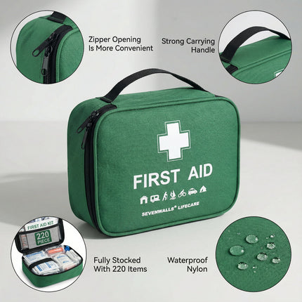 Green first aid kit with features highlighted on a gray background