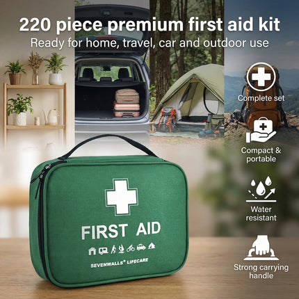 Green first aid kit with features listed, shown in various settings.
