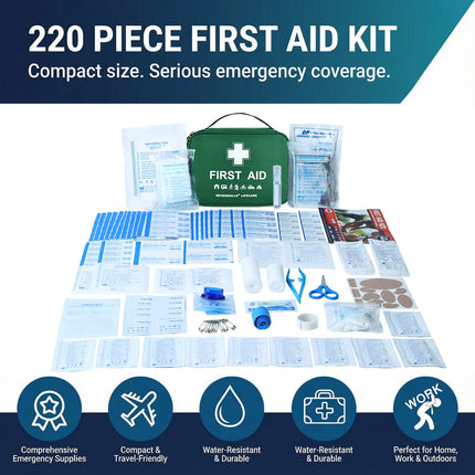 220-piece first aid kit with components displayed on a white background