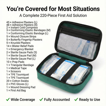 220-piece first aid kit with contents listed on a white background
