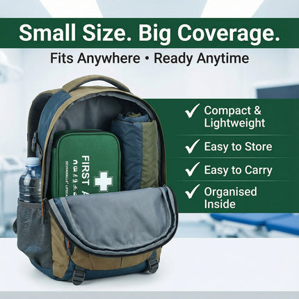 Backpack with first aid kit and water bottle, labeled 'Small Size. Big Coverage.'
