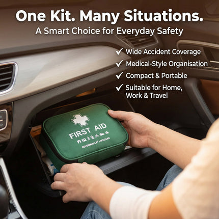 Green first aid kit being placed into a car's storage compartment with text highlighting its features.