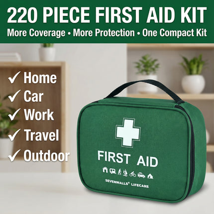 Green first aid kit with a white cross symbol on a white background