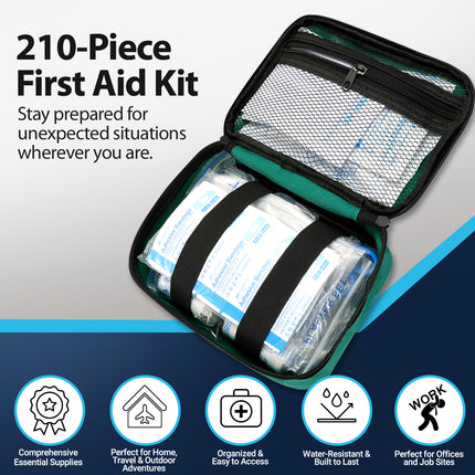210-piece first aid kit with open lid showing supplies, on a gray and blue gradient background.