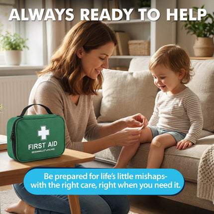 Woman and child with a first aid kit in a home setting