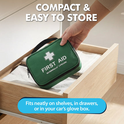 Green first aid kit being placed into a wooden drawer with text highlighting its compactness and ease of storage.