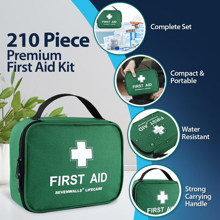 Green first aid kit with features highlighted on a blue and gray background