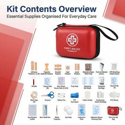 Red first aid kit with contents listed on a white background
