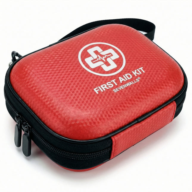 Red first aid kit with Sevenwells logo on a white background