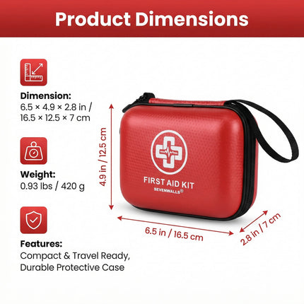 Red first aid kit with dimensions and features on a white background