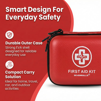 Red first aid kit with Sevenwalls logo on a red background