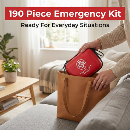 Person placing a red emergency kit into a brown bag in a living room setting.