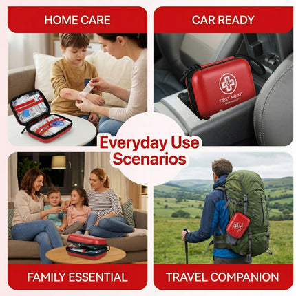 First aid kit used in various scenarios including home care, car readiness, family essential, and travel companion.