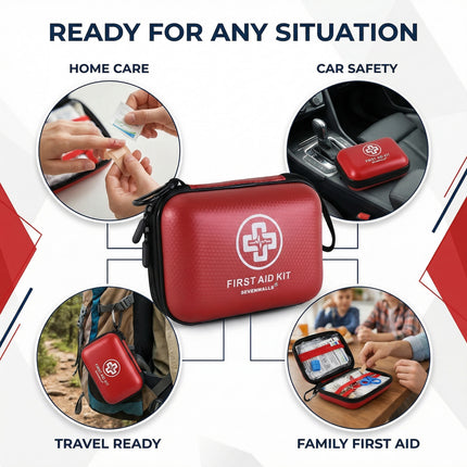 Red first aid kit with various usage scenarios on a white background