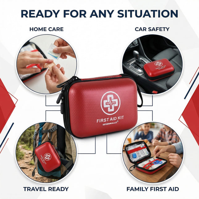 Red first aid kit with various usage scenarios on a white background