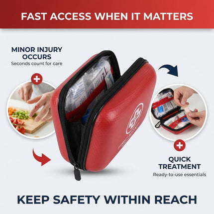 Red first aid kit with text about quick treatment and safety