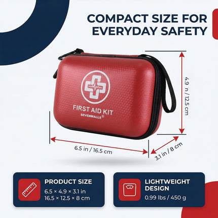 Red first aid kit with dimensions and product details on a white background