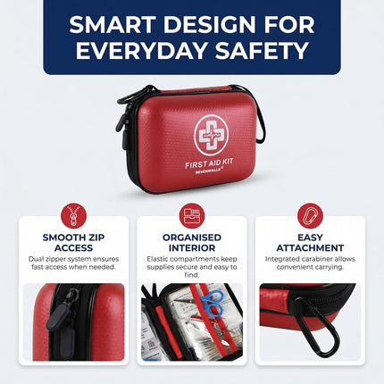 Red first aid kit with features highlighted on a white background