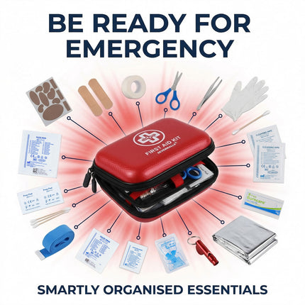 Red first aid kit with emergency supplies on a white background