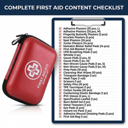 Red first aid kit with a checklist of contents on a white background