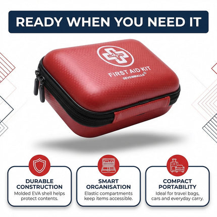 Red first aid kit with Sevenwalls logo on a white background