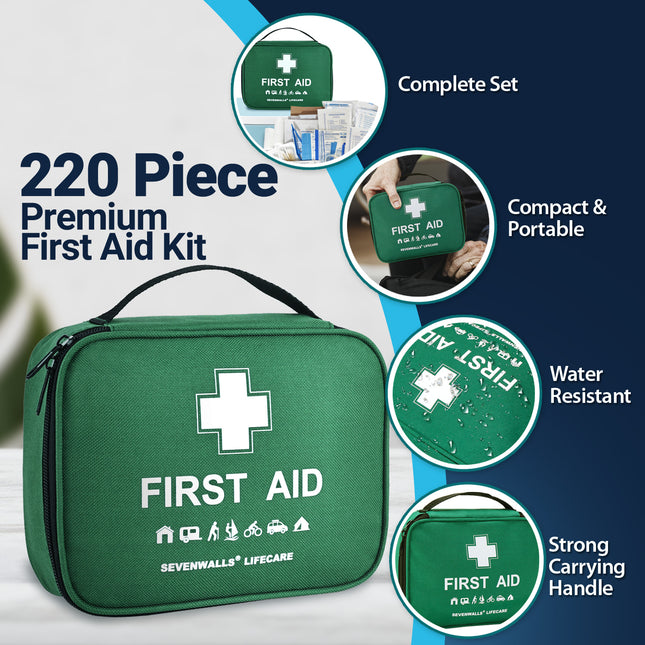 Green first aid kit with features highlighted on a white background