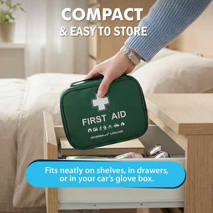 Green first aid kit held by a hand with text highlighting its compactness and ease of storage.