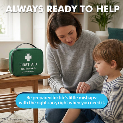 Woman and child with a first aid kit in a home setting, emphasizing preparedness.
