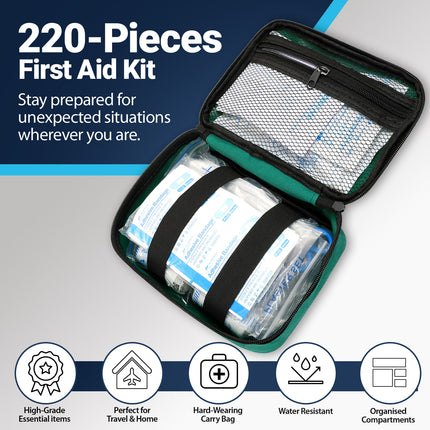 220-piece first aid kit with open lid showing contents on a gray background