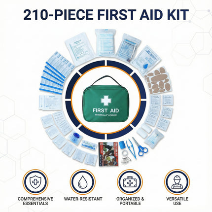 210-piece first aid kit with various supplies arranged around a green first aid bag on a white background.