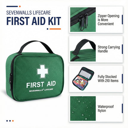 Green first aid kit with features highlighted on a white background