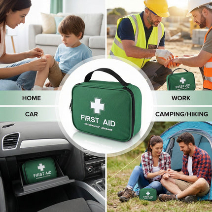 Green first aid kit with various usage scenarios including home, car, work, camping, and hiking.