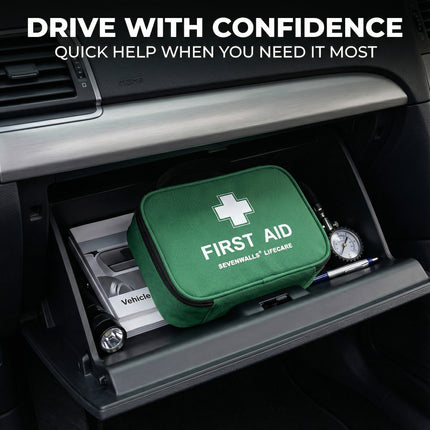 Green first aid kit in a car's dashboard with text 'Drive with Confidence' and 'Quick help when you need it most'.