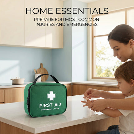 Green first aid kit on a kitchen counter with a woman and child, text 'Home Essentials' and 'Prepare for most common injuries and emergencies'.
