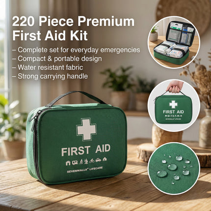 Green first aid kit with carrying handle on a wooden surface, surrounded by indoor plants.