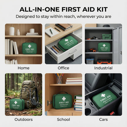 Green first aid kit in various settings including home, office, industrial, outdoors, school, and cars.
