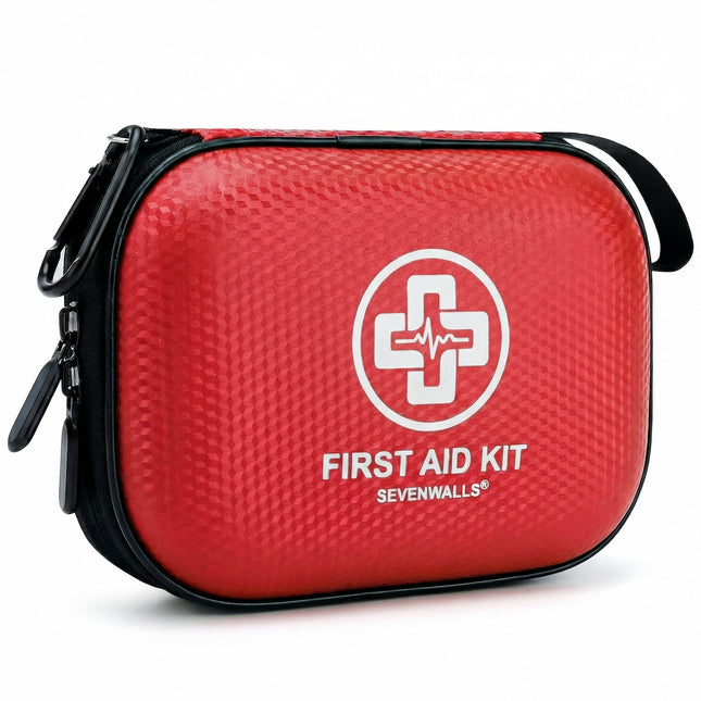 Red first aid kit with Sevenwalls logo on a white background