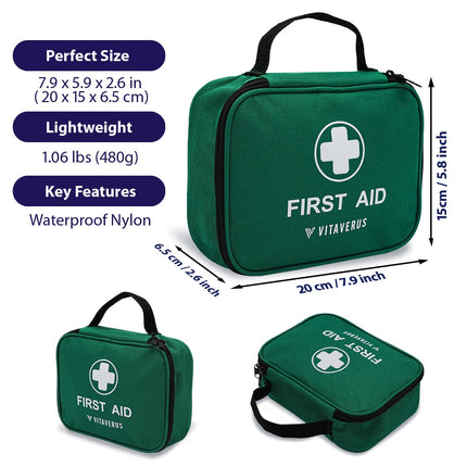 Green first aid kit with dimensions and features on a white background